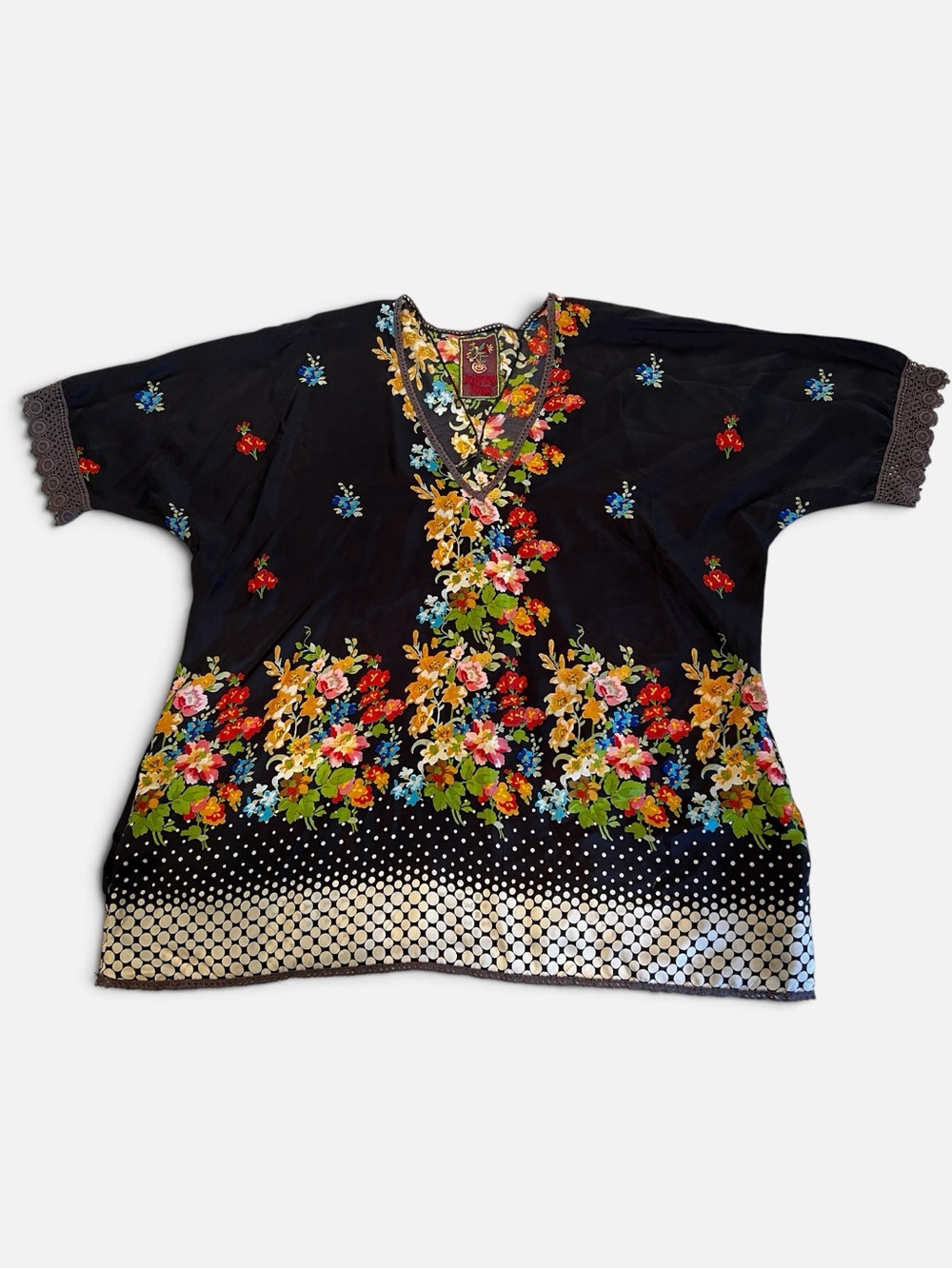 Johnny Was Silk Bohemian V-Neckline Women's Tunic Multicolor Floral Print Size L